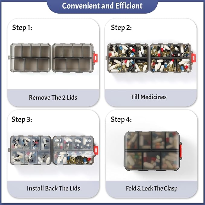 Foldable & Portable Weekly Pill Organizer 2 Times a Day with Clear Printed Labels - 7 Day AM PM Medicine Box, Week Daily Travel Pill Case Holder for Medications, Vitamin, Supplement - Clear Black