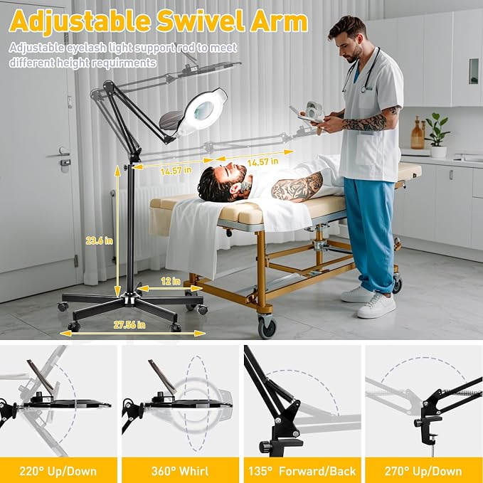 2200 Lumens Mag Lamp for Estheticians, 2-in-1 Magnifier Floor Light | 144 LED Stepless Dimmable, 10X Real Glass, 4 Wheel Rolling Stand Mag Lamp for Estheticians Facial Tattoo Craft Reading