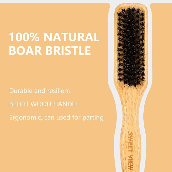 SWEET VIEW Boar Bristle Slick Back Hair Brush | Smooth Flyaways, Frizz, Sleek Ponytail, Buns and Edge Baby Hair, Gel Comb Styling Accessories for Girls, Kids and Women