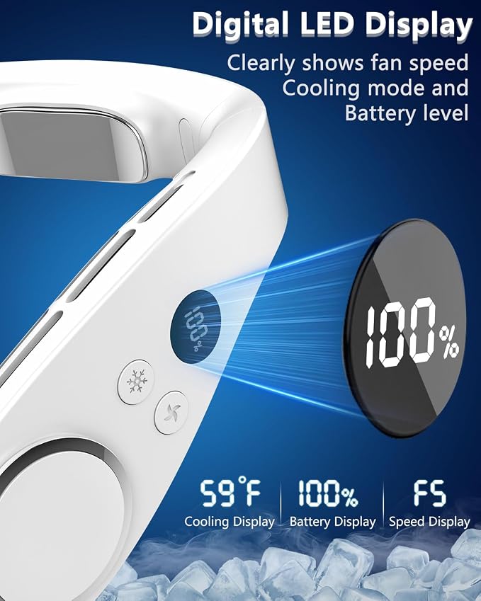 FWV Neck Fan with Cooling Plate, 5500mAh 3-24Hrs Battery, Ultra Quiet 5-Speed USB-C Necklace Cooler, LED Display for Battery&Speed,Hands-Free Bladless Mini Fans for Travel Office Indoor Outdoor White
