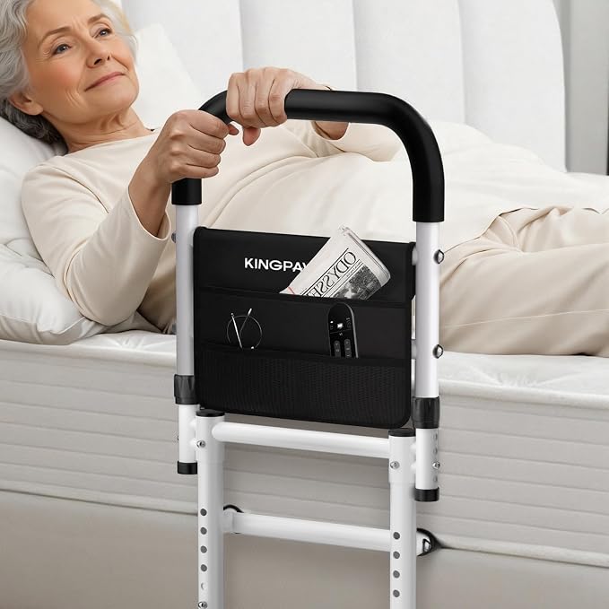 KingPavonini Bed Rails for Elderly Adults Safety 2026 Upgrade, ASTM-Approved Bed Rails for Seniors with Anti-Wobble Adjustable Feet, 400lb Bed Cane, Non-Slip Handle & Storage Bag, No-Tools, Model GS04