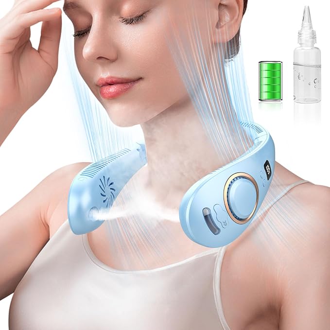 Neck Fan with Mist,Foldaway Neck Fan with Mist,Personal Fan for Neck Wearable Hanging around,Cordless Neck Coolers for Female Male Kids Dad Mom Extremely Hot Weather Light Blue
