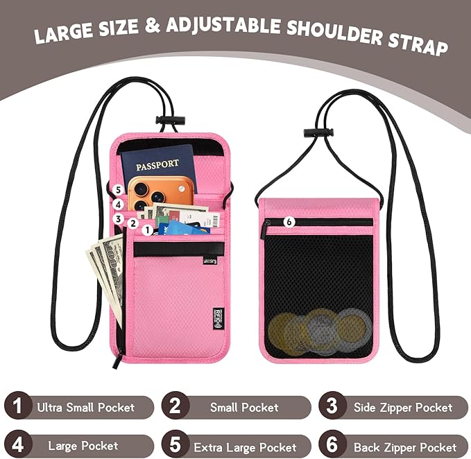 Likesing 5.5" L x 7.9" W Travel Neck Wallet, RFID Passport Holder(Pink) | RFID Blocking Passport Holder for Travel, Security Lightweight Passport Travel Wallet, Neck Pouch Gifts for Women Men