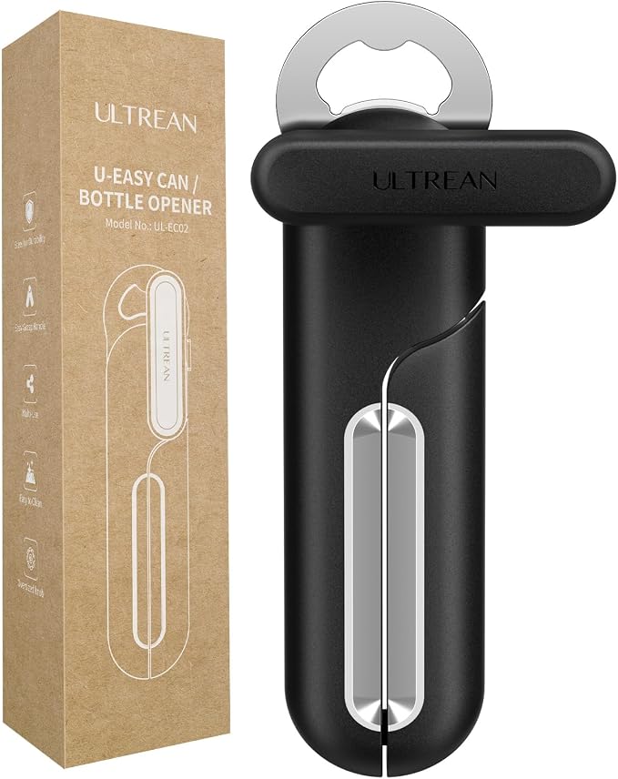 Ultrean Can Opener Manual, Heavy Duty Stainless Steel Smooth Edge Can Opener with Ergonomic Handles and Oversized Easy Turn Knob for Seniors, Black