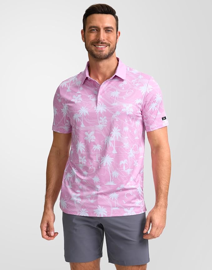 Obla Mens Golf Polo Shirts Short Sleeve Dry Fit Performance Moisture Wicking Casual Print Collared Golf Shirts for Men