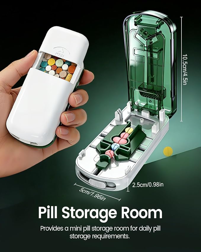 Professional Pill Cutter for Small Pills, 3-in-1 Pill Cutter Splitter for Small or Large Pills-Safely Cuts 1/2, 1/3, and 1/4 Multiple Pills Splitter, Adjustable Pill Cutter (Green White)