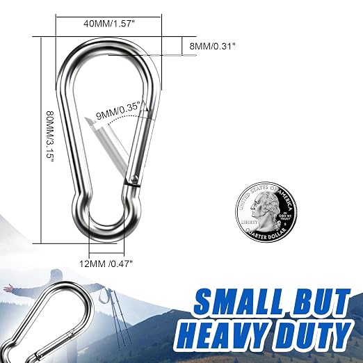 Carabiner Clip Hooks, 50pcs 3.15 inch Carabiners Heavy Duty, 304 Stainless Steel Spring Snap Hook Fits Camping Hiking, Metal Clips for Rope Chain Keys Rings