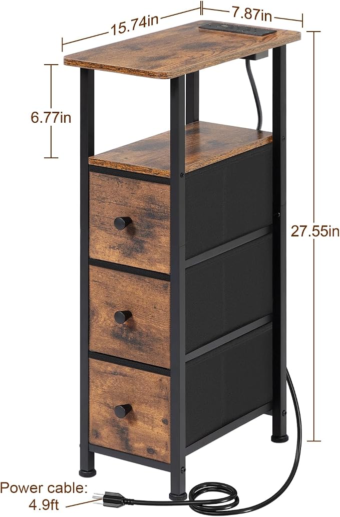 Narrow End Table with Charging Station, Small Nightstand | Skinny Side Tables Living Room with 3 Fabric Drawers, Bedside Table with LED Lights for Bedroom, Small Spaces, Rustic Brown