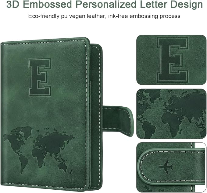 Passport Holder Wallet Cover Personalized Initial Travel Essentials | Embossed Letter A-Z Design, Travel Wallets, RFID Blocking, Passport Book Holders, Women and Men, Personalized Gifts, Green-E