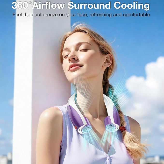 Portable Neck Fan, 6 Speeds Rechargeable Personal Fan with AI Chips, Hands-Free 360° Faster Cooling Wearable Fan, Ultra Quiet for Home, Office, Travel, Indoor, Outdoor - Purple