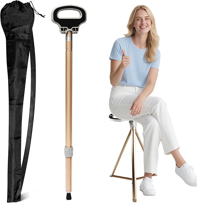 ALEVMOOM Walking Cane with Seat Folding Lightweight, 2-in-1 Cane Stool for Adults, Aluminum Walking Stick with Seat, Stick Chair Portable Stool for Senior