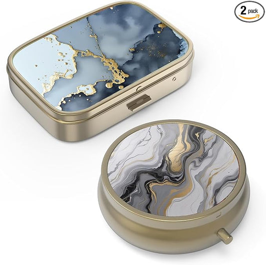 Pill Case Pill Box with Mirror Retro Small Pill Case for Purse or Pocket Bronze Pill Box or Vitamins, Fish Oil, Supplements, Pill Containe Travel Gifts（2PCS）
