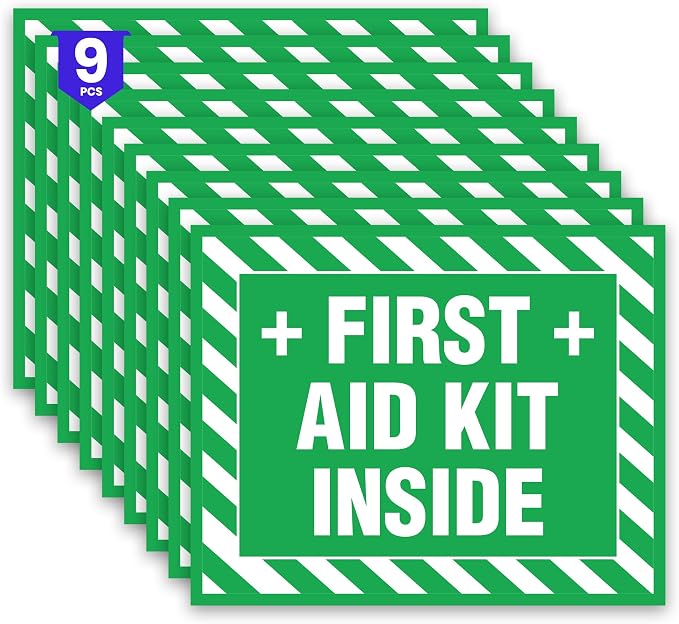 9 x First Aid Kit Inside Stickers | 4 x 5 Inch Premium Vinyl Safety Label Signs for First Aid Boxes | Self-Adhesive, Waterproof, UV Protected Decals for Indoor and Outdoor Use