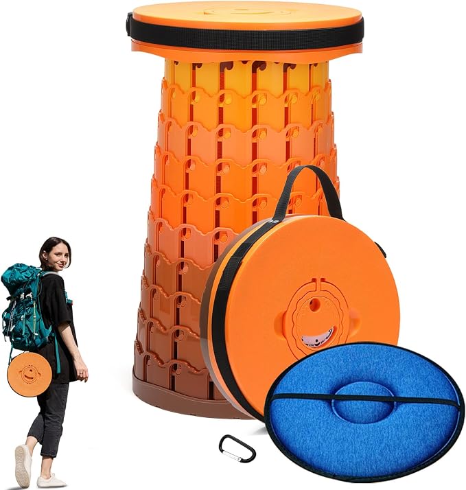 Collapsible Stool with Cushion,1000 lbs Capacity,19.7-in Adjustable Height | Wider & Taller Heavy Duty Portable Telescoping Folding Seat Chair for Adults Camping,Fishing,Travel,Queue Wait,Stadium View