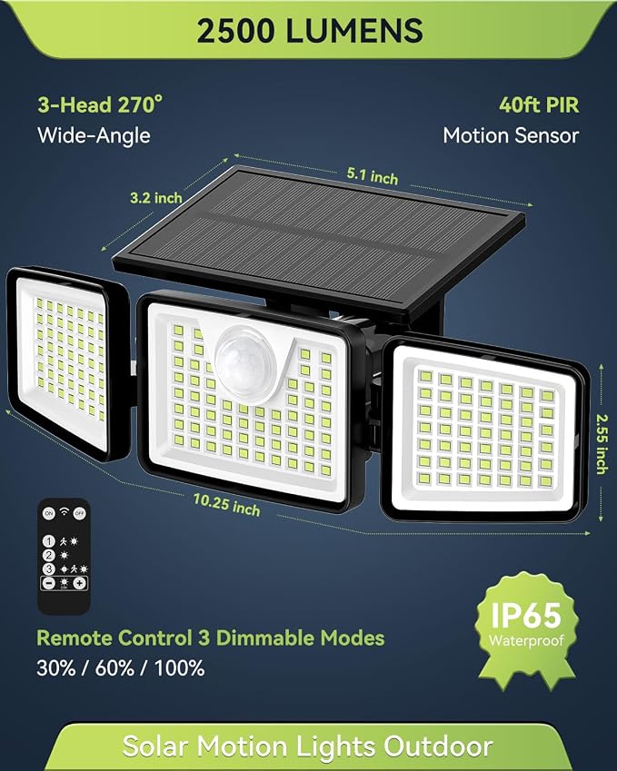 daphino 2500LM Solar Lights, Motion Sensor Outdoor Lights, 3-Head, 4 Pack | 270° Wide-Angle Street & Area Coverage, IP65 Waterproof Security Lighting, 3 Lighting Modes, Remote Control