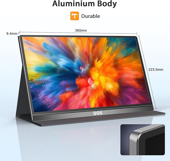 QQH Portable Monitor, 15.6 Inch FHD 1080P USB C HDMI Alloy Travel Screen for Laptop with w/Smart Cover & Built-in Speaker, Plug&Play Ultra Slim Portable Second Monitor for Laptop PC Phone Mac