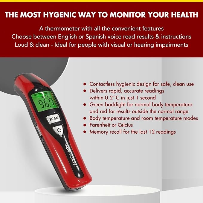 Speaking Non-Contact Infrared Thermometer, English & Spanish, Home Readings | Auto-recalls the last 12 measurements | Clinical-grade accuracy on foreheads | Suits babies, children and adults alike