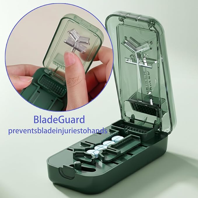 Precision Pill Cutter with Centering Guide - Multi-Angle Tablet Splitter for 1/2, 1/3 & 1/4 Cuts, Includes Pill Crusher & Storage Compartment (Transparent Green)