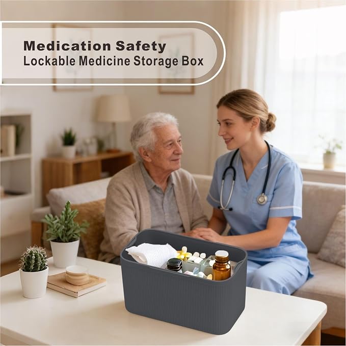 Lockable Storage Box,Medicine Lock Box Travel Case,Refrigerator Bin Container for Food,Medicines,Snacks,Locking Mobile Cell Phone Device Jail,Lockbox for Office,Home,School,Father Gift (Navy Plus)
