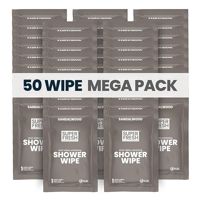 Super Fresh Shower Wipes Large Sandalwood Body Wipes for No Rinse Bathing Personal Hygiene Gym Travel or Camping Enriched with Aloe and Vitamin E 50 Individually Wrapped Disposable Sheets