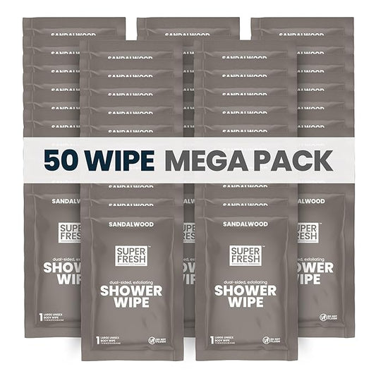 Super Fresh Shower Wipes Large Sandalwood Body Wipes for No Rinse Bathing Personal Hygiene Gym Travel or Camping Enriched with Aloe and Vitamin E 50 Individually Wrapped Disposable Sheets