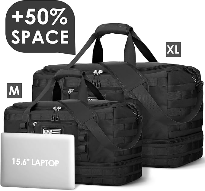 Travel Bag for Men Women, X-Large Gym Bag & Tactical Duffle Bags for Travel | Carry on with Toiletry Bag and Shoe Compartment, Weekender Overnight Duffel with Wet Pocket for Workout Medical, Black