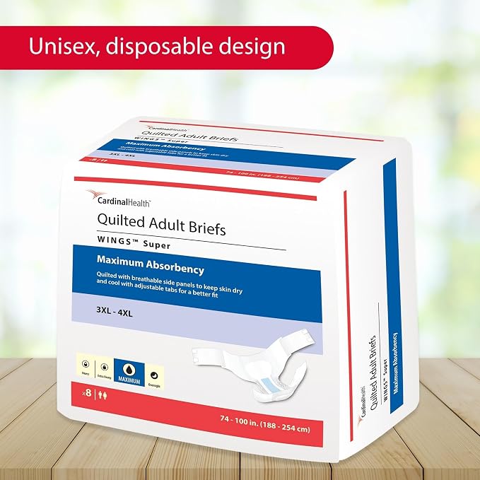 Cardinal Health™ Quilted Adult Briefs, Wings™ Super with BreatheEasy™ Technology, Maximum Absorbency, Bariatric - Bag of 8 | Disposable Incontinence Diaper, Refastenable Tabs, Men or Women, Size 3XL
