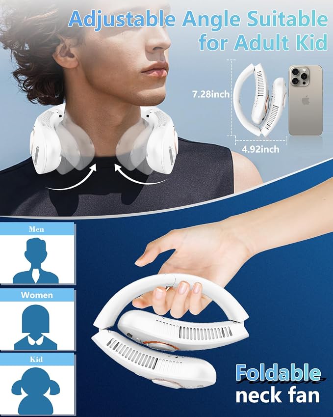 Neck Fans that Blow Cold Air,Misting Neck Fan Rechargeable Battery Powered,Foldable Leafless Hands Free USB Chargable Cooler,Slient Mini Head Unit Water Mister Sprays for Travel Camping Outdoor White