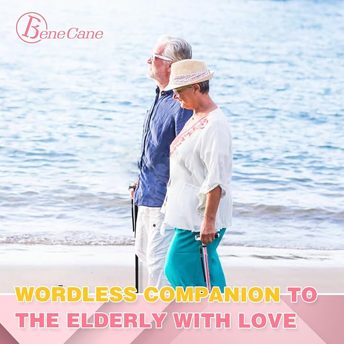 BeneCane Walking Cane for Women Folding Cane for Men with Two Led Lights Quad Cane with Stable Base Lightweight and Adjustable Walking Stick