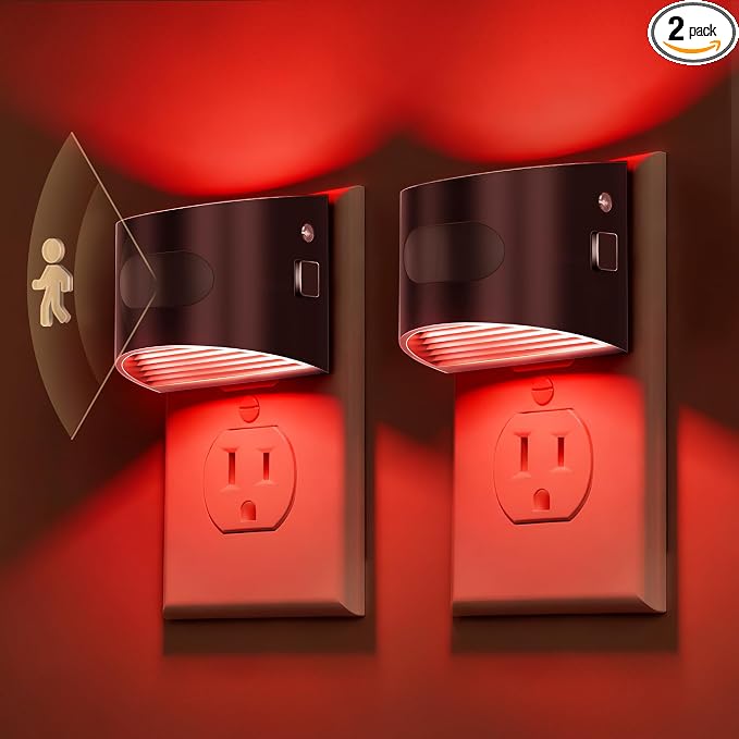 L LOHAS LED Motion Sensor Night Light, Night Lights Plug into Wall, 2 Pack | Nightlight with Dusk to Dawn & Motion Detection Sensor, 30-100Lm Adjustable Brightness, Red Light, Black Housing