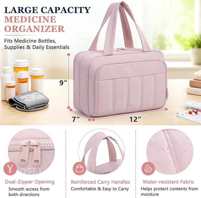 BAGSFY Travel Medicine Bag with 2 Separate Compartments, Wide-Opening Medication Organizer, Puffy Medical Storage Bag for Prescription Bottles, Pill Cases, Medical Supplies,Travel & Family Emergency