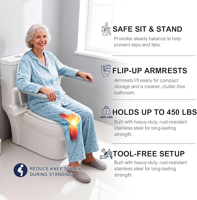 Toilet Safety Rails for Seniors with Flip-Up Armrests, Heavy Duty Toilet Support Rails with Rise-up Handle for Elderly, Disabled, Handicapped, Pregnant or Mobility Assistance, Fits Most Toilets