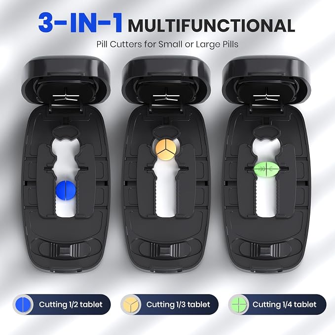 Pill Cutter Splitter for Small and Tiny Pills, Anti-Slip Silicone Pad Holds Pills Steady, Adjustable Pill Cutter for Accurate 1/2 1/3 1/4 Cutting, Sharp Stainless Steel Blade with Safety Guard