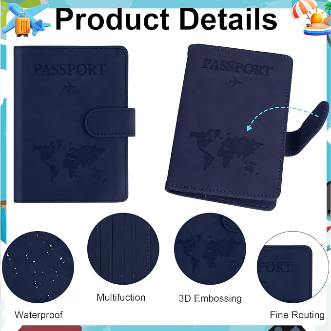 Passport Holder for Travel Essentials, Dark Blue Leather Passport Cover, Passport Wallet Holders for Women Men Family Travel Gifts Must Have Accessories, Credit Card Cash Air Ticket Storage Supplies