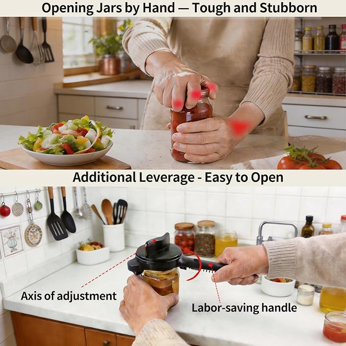 4-in-1 Jar Opener for Weak Hands, Seniors with Arthritis (Black) | Multi-Purpose Lid Opener Includes Magnetic Hook & Rubber Gripper for Jars, Bottles and Beer Caps Simple Twist-off Operation