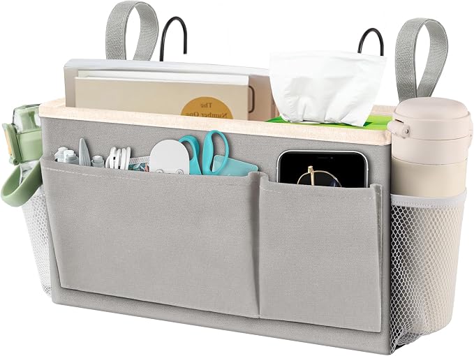 BlissTotes Bedside Caddy, Dorm Storage with Pockets, Bunk Bed Accessories | Hanging Bed Storage Organizer with Hooks, Bedside Shelf Bag, Magazine Holder for Home, College, Hospital (Light Grey, 1 Pack)