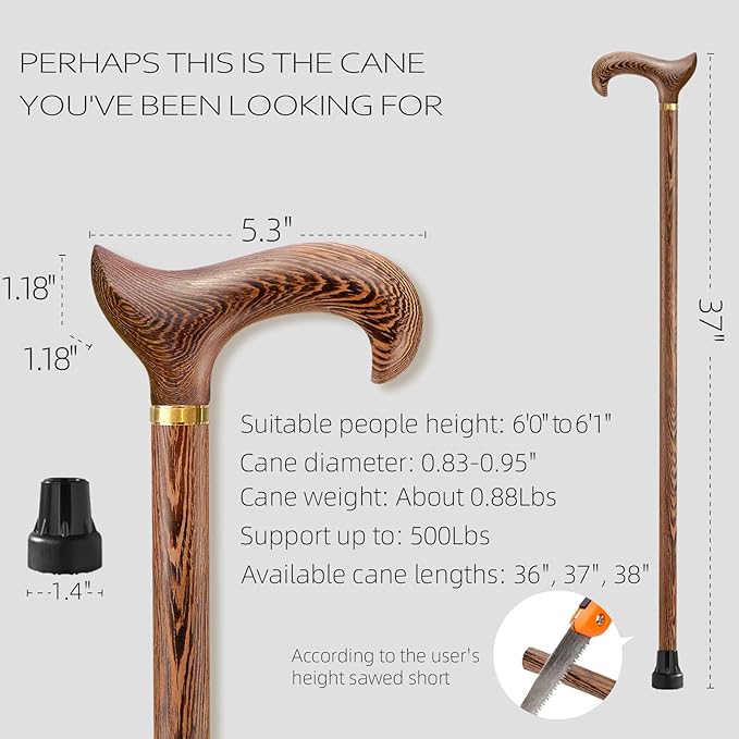 Walking Cane, Available in Multiple Inches Wooden Cane Support up to 500 Lbs, Suitable for Fancy Wooden Walking Cane for Men and Women with Extreme Demands