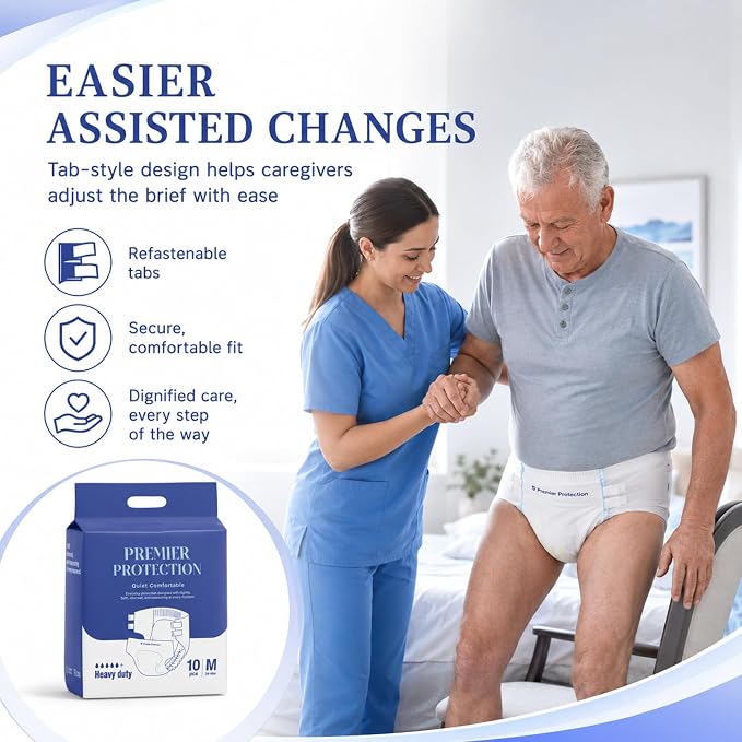 Adult Incontinence Briefs Tab Style, Heavy Absorbency with Wetness Indicator, Refastenable Tabs, Breathable & Soft, Men and Women, Medium & Large, 10 Count