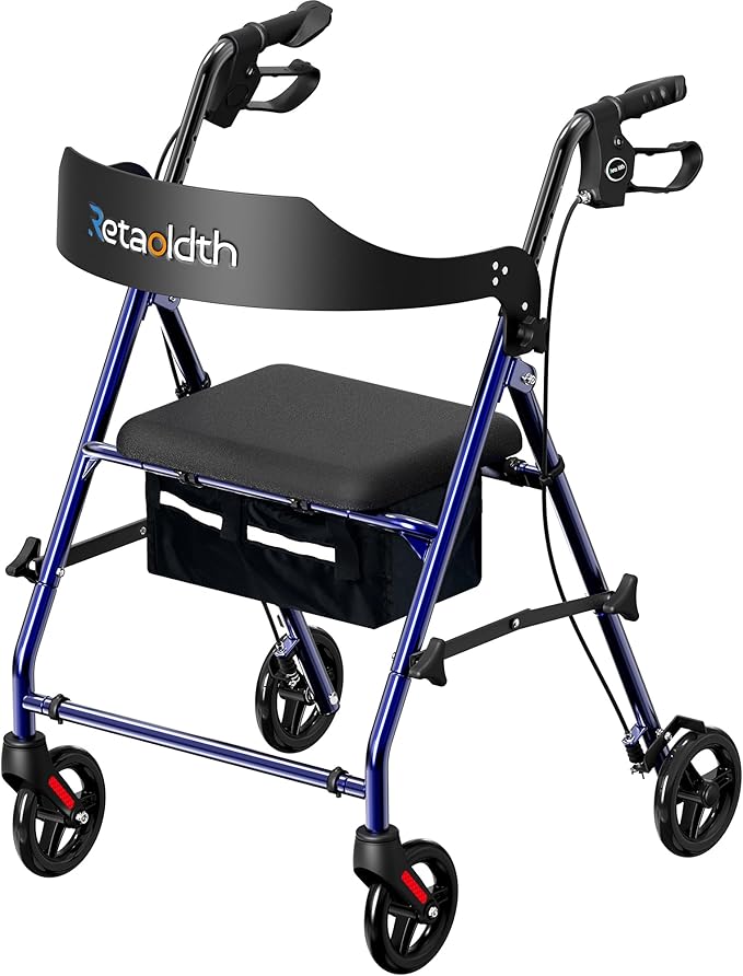 Foldable Rollator Walker with Seat for Seniors, All-Terrain Wheels, 350lb Capacity, Reinforced Inner Metal Rod for Easy Folding & One-Hand Carry, Lightweight Rolling Walker - Blue