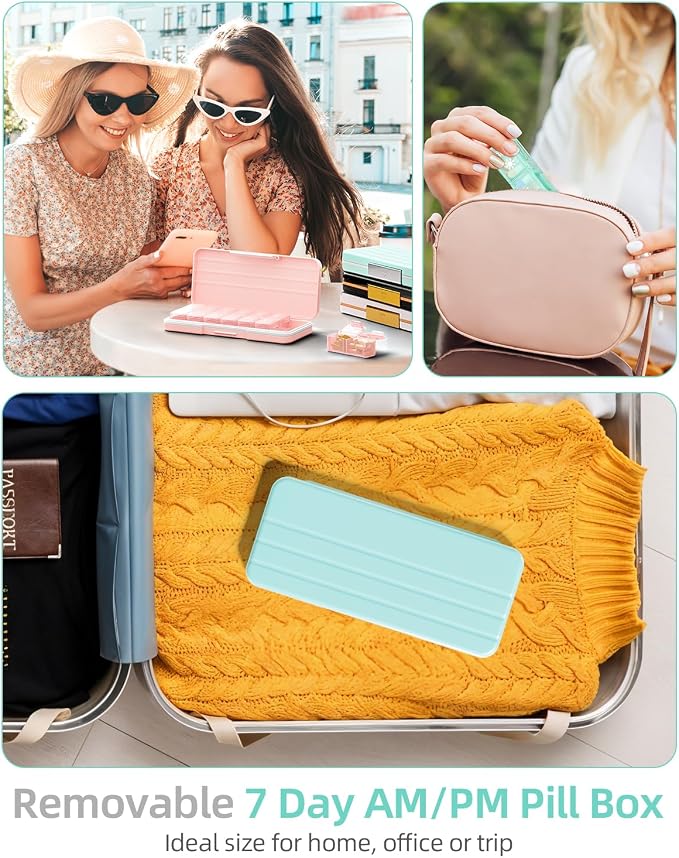 Betife AM PM Pill Organizer 7 Day, Weekly Pill Organizer 2 Times a Day, Daily Pill Box AM PM, Portable Travel Medicine Case, Day and Night Pill Container for Medication, Vitamin or Supplement（GN）