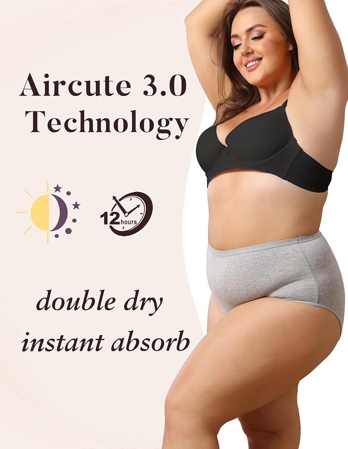 AIRCUTE Washable Urinary Incontinence Protective Underwear for Women Leak Proof Absorbent Reusable Panties 60ML 1 Pack (Gray, X-Large)