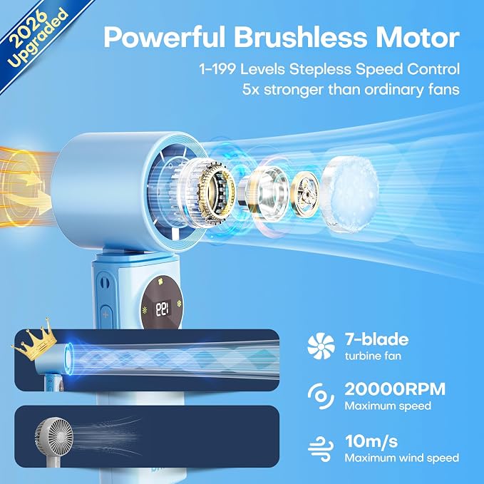 6000mAh Portable Handheld Fan with Ice Cooling, 199 Levels Stepless Speed, 20H Long Battery Life, 20000RPM Turbo Fan Rechargeable Personal Mini Fan for Travel, Outdoor, Makeup (Blue)