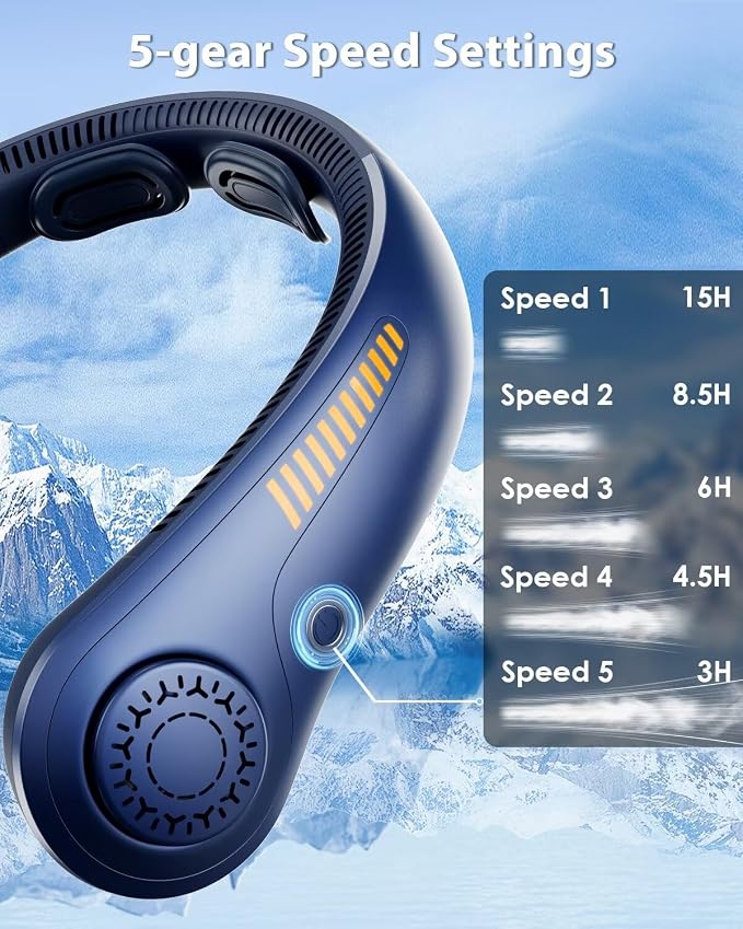 Portable Neck Fan Rechargeable Wearable Personal Fan Blow Cold Air, 5 Speeds, USB Battery, Neck Cooler with Neckbrace, Gift for Men Women, Sports, Gardening, Home, Outdoors, Travel, Camping