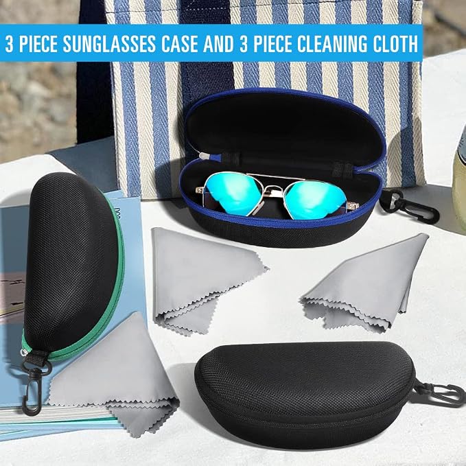 ZONLY 3 Pack Sunglasses Case Portable Travel Zipper Eyeglasses Case Hook With Cleaning Cloth