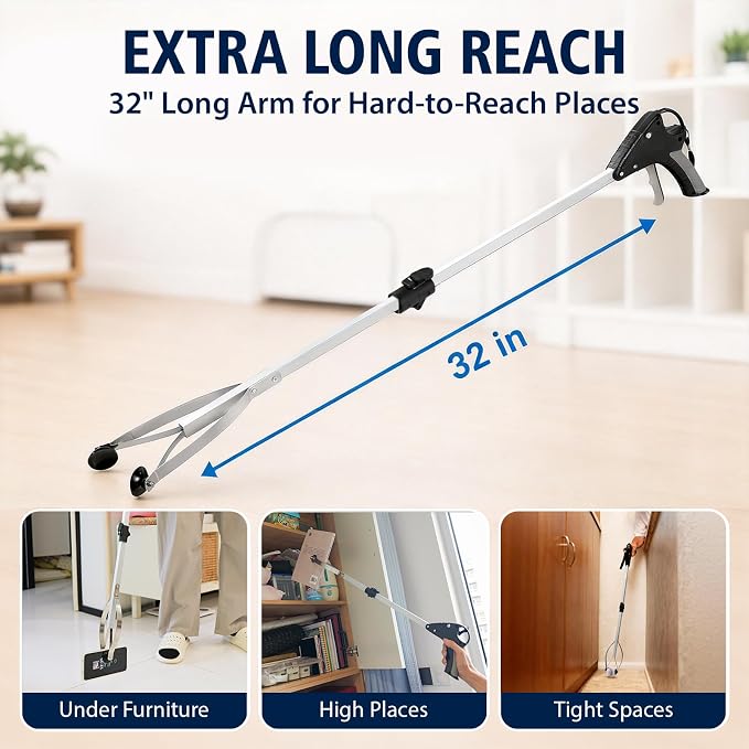2Pack 32" Suction Cup Grabber Reacher Tool with Quick Trigger Handle | Elderly Grab It Reaching, For Smooth Surfaces Items/Indoor & Outdoor Use, Foldable Heavy Duty Trash Picker Upper