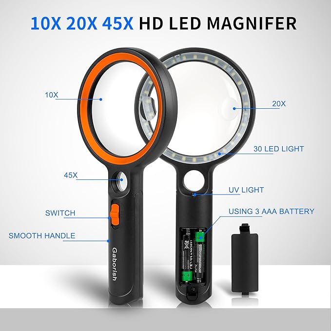 Magnifying Glass with 30 LED Lights, 10X 20X 45X Handheld Illuminated Lighted Magnifier with 1UV Light for Seniors Reading, Inspection, Coins, Jewelry, Exploring Light Magnifying Glass (Orange)