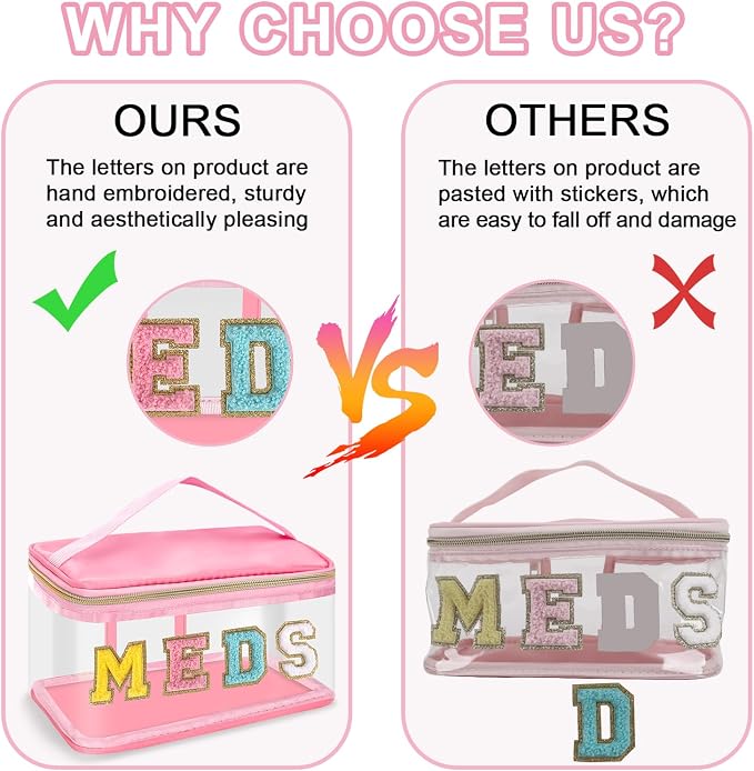 Clear Patch Letter Bag Medicine Drugs Pouch with Handle, Travel Chenille Letter Makeup Cosmetic Bag for Women Girls, Waterproof Nylon PVC Zipper Toiletry Meds Storage Case Stadium Bag(Pink, MEDS)