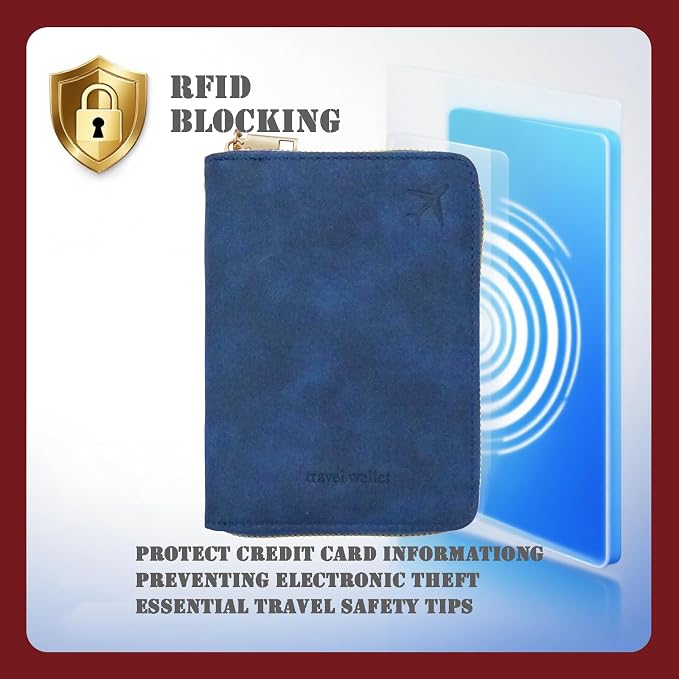 Passport Holder with Tether and Carabiner Clip to Prevent Loss and Theft, Rfid Passport Holder for Travel, Passport Cover, Wallet & Case for Men and Women (Blue - Tether and Carabiner)