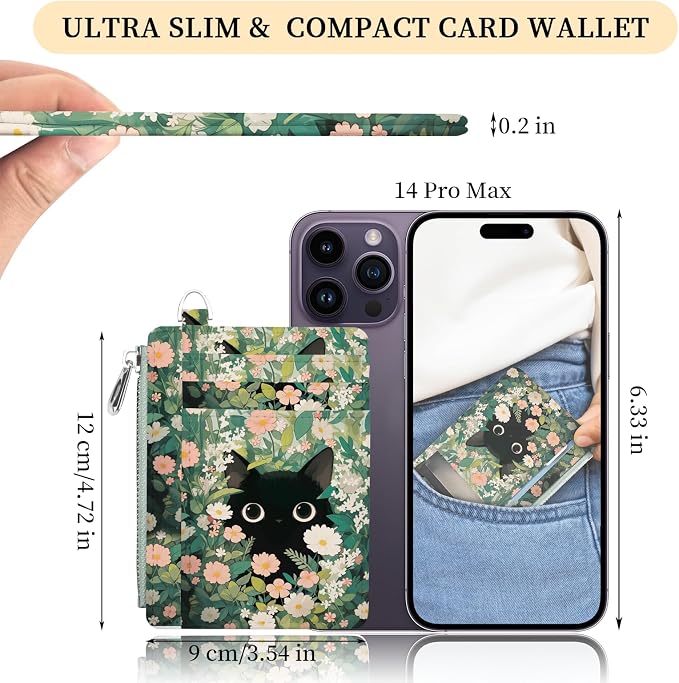 Hancynir Black Cat Floral Slim Wallet Women Credit Card Holder, Small RFID | Zipper Pocket Wallet, Thin Travel Coin Purse, PU Leather, Minimalist Card Case, 6 Card Slots, ID Window, Ladies Women Gifts