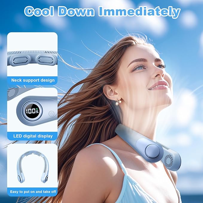 Portable Neck Fan that Blow Cold Air, LED Display, Rechargeable Hands-Free Wearable Cooling Personal Fan, 5 Speed, Neck Support, Bladeless Neck Air Conditioner, Gifts for Women/Men, Hot Flashes